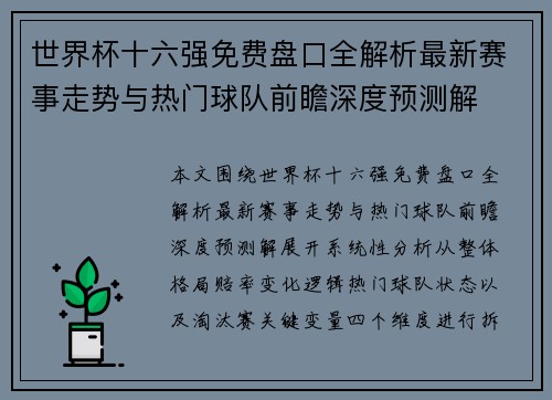 世界杯十六强免费盘口全解析最新赛事走势与热门球队前瞻深度预测解