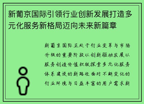 新葡京国际引领行业创新发展打造多元化服务新格局迈向未来新篇章